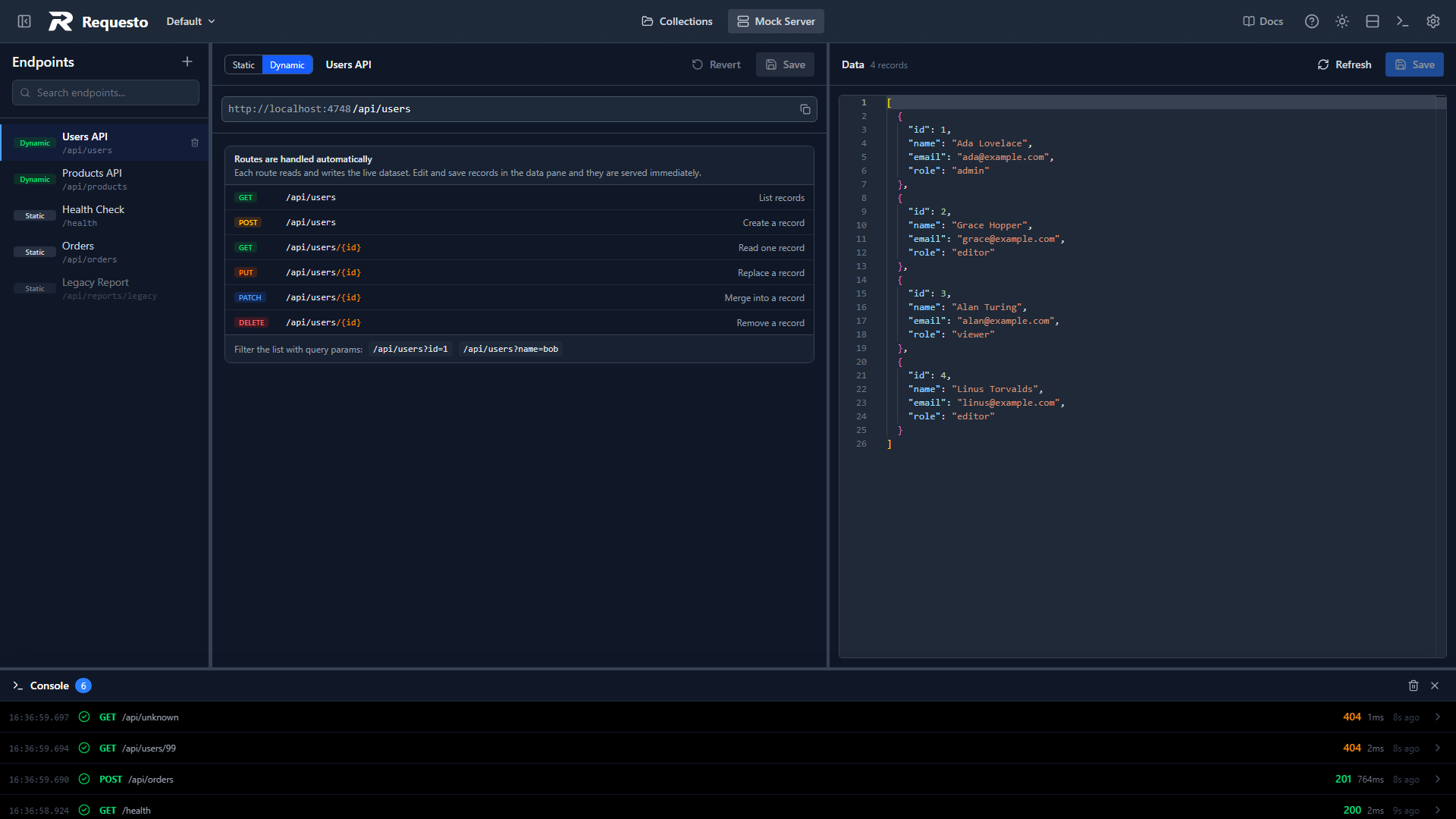 Dynamic endpoint editor with the routes list and the data pane
