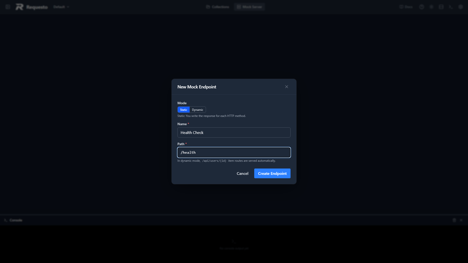 New Mock Endpoint dialog in static mode