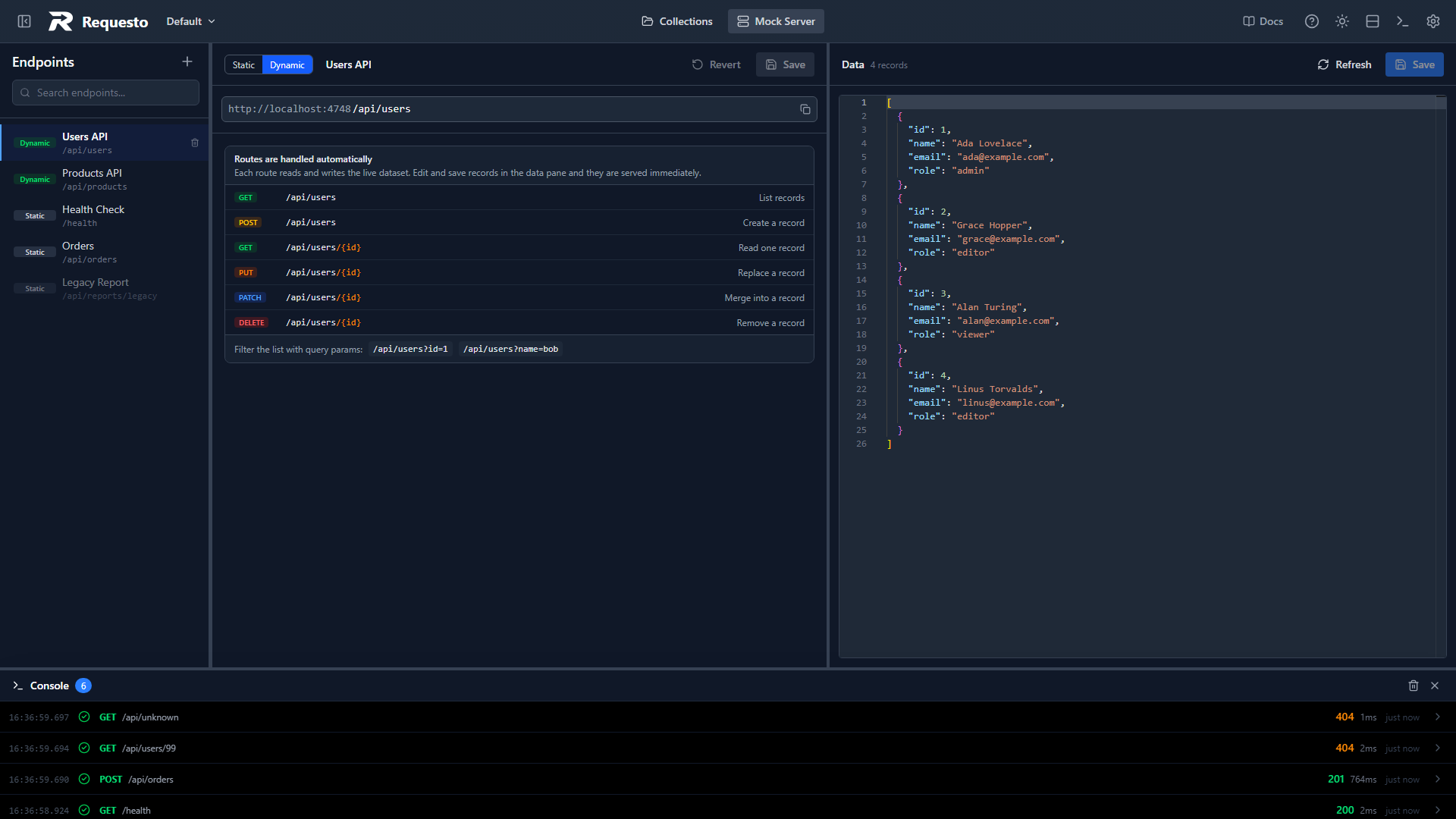 Mock Server view with an endpoint open and the request log at the bottom