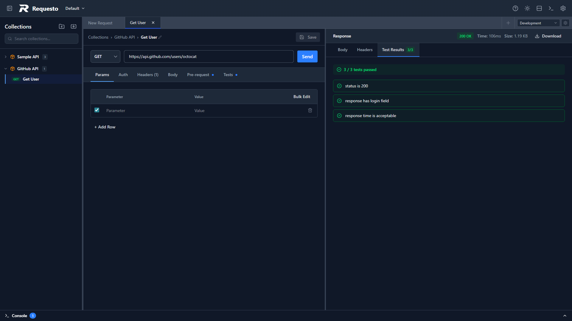 Test results in the response panel