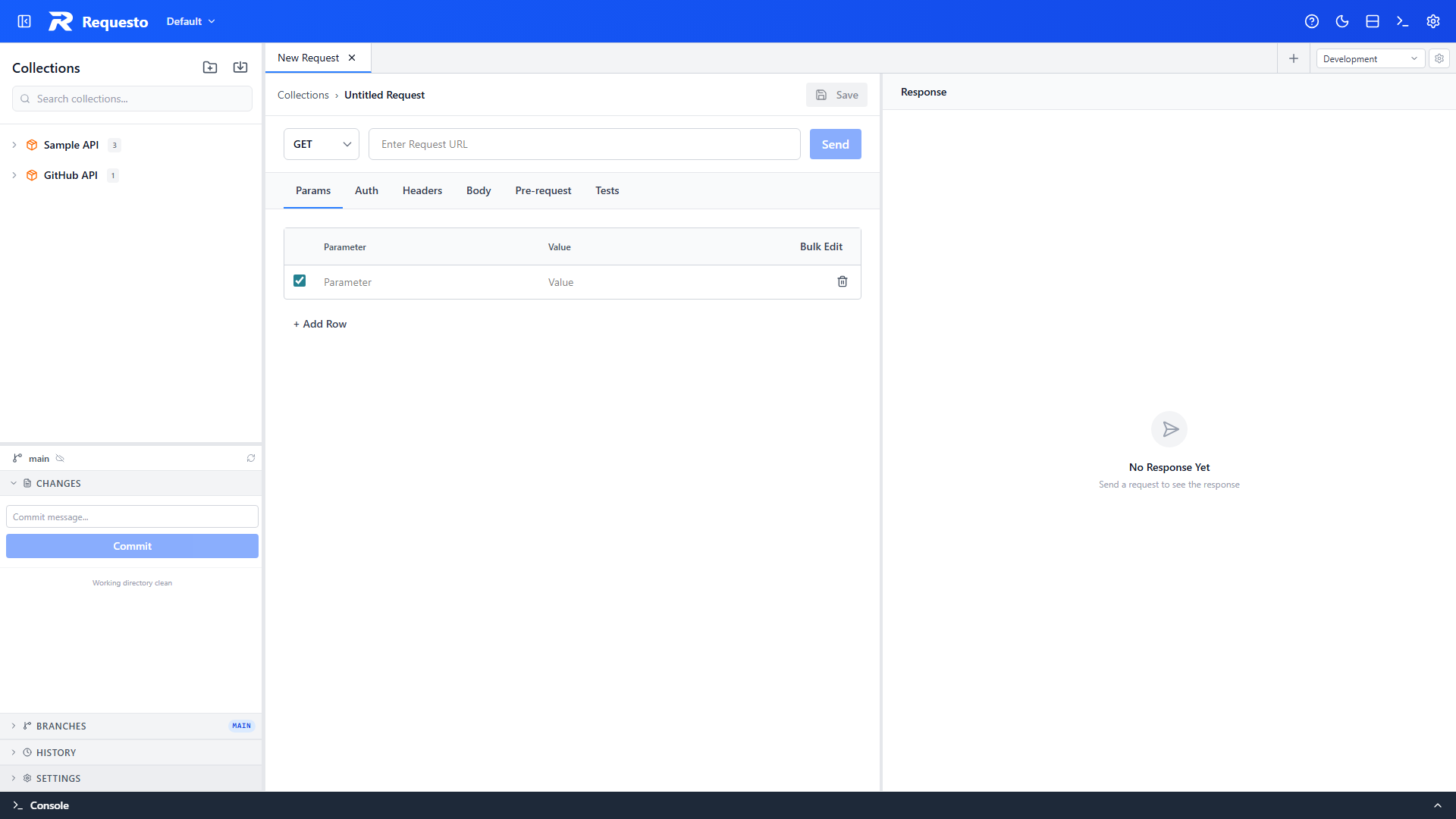 Git changes panel showing modified Requesto files
