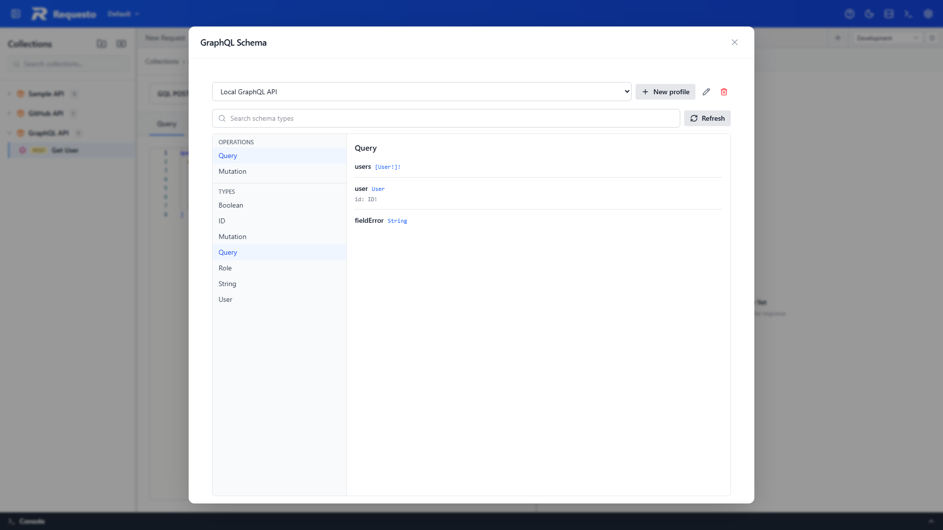 GraphQL schema explorer showing operations and object types