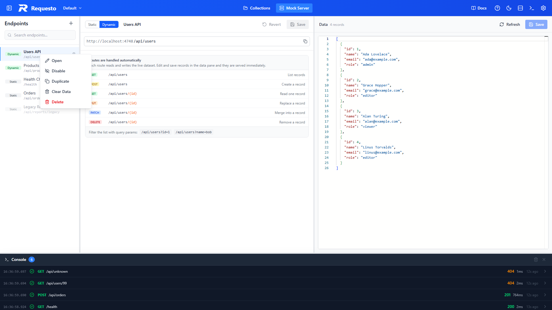 Endpoint context menu with Open, Disable, Duplicate, Clear Data, and Delete