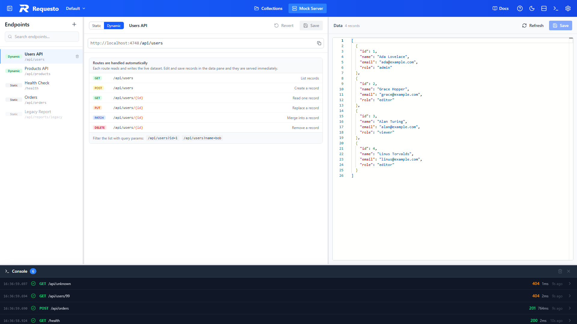 Dynamic endpoint editor with the routes list and the data pane