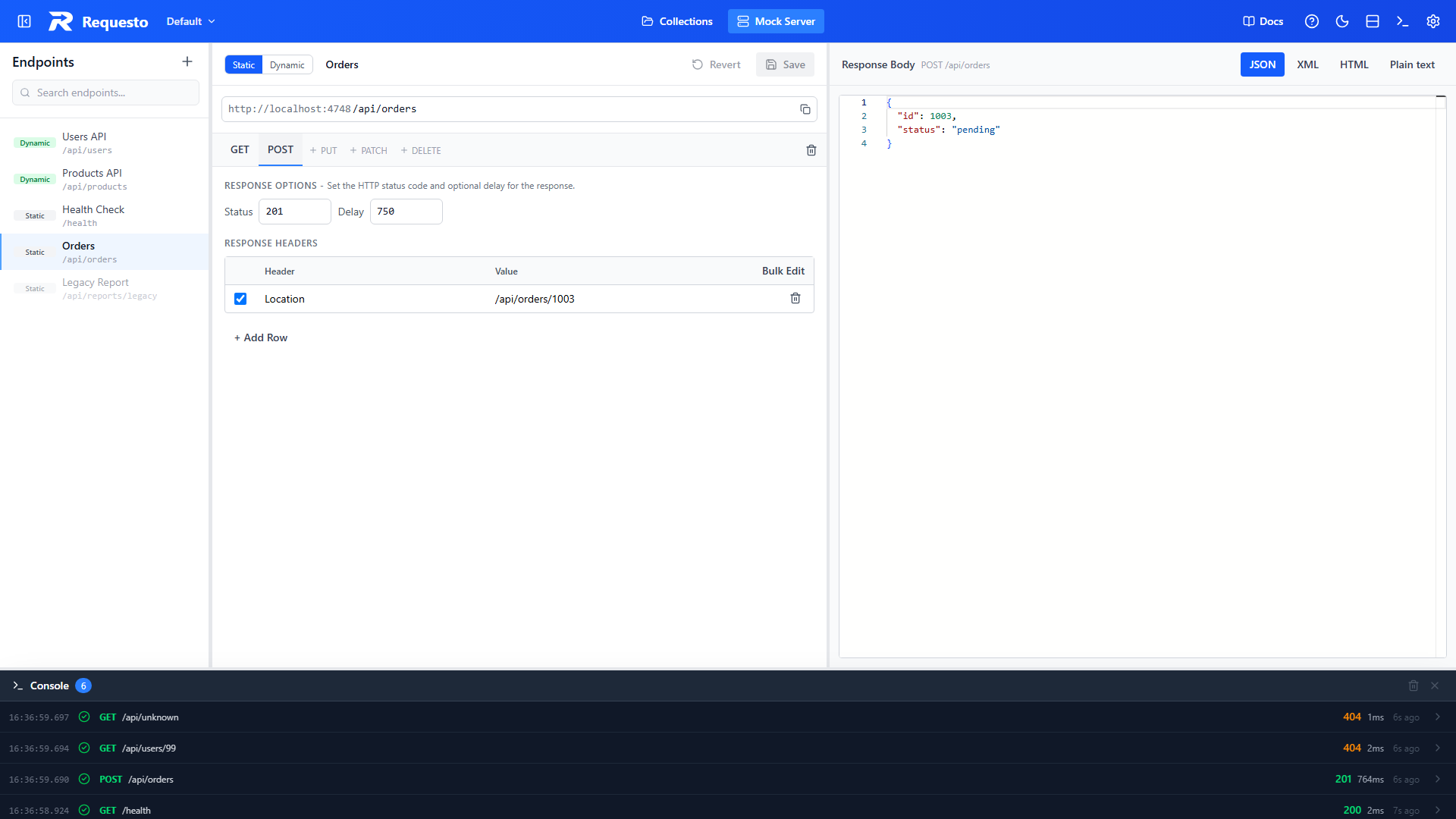 Static POST response with a 201 status, a delay, and a Location header